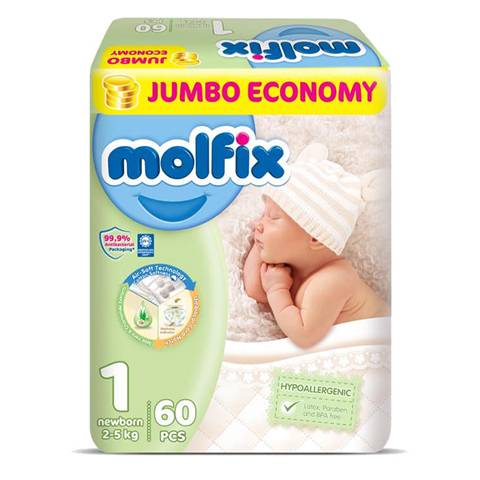 MOLFIX 1 DIAPERS NEW BORN (1) 2-5 KG 60PCSمصري